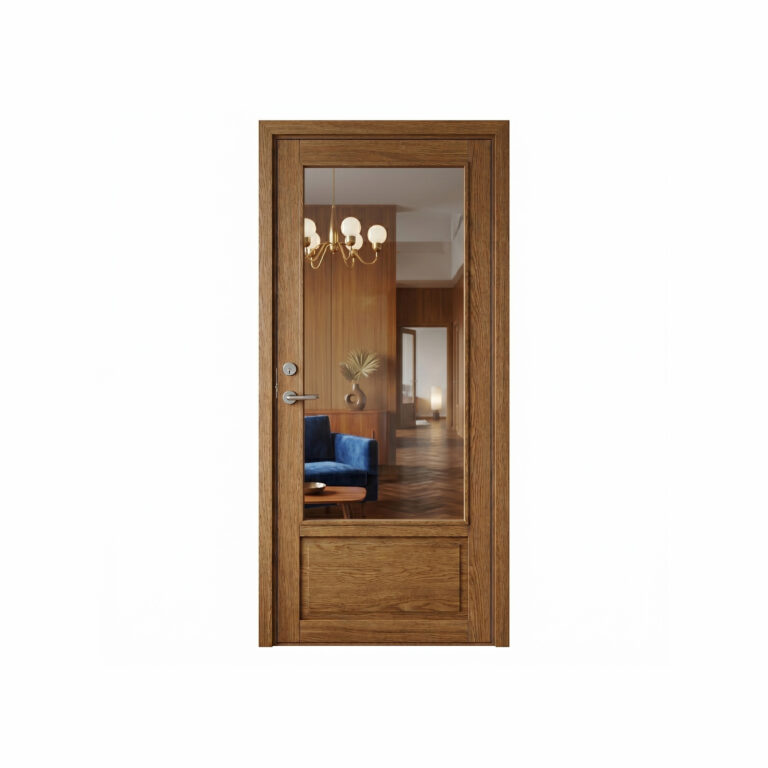 Ytterdörr i ekfinish med stort glasparti som visar en elegant hall med parkettgolv och guldkrona